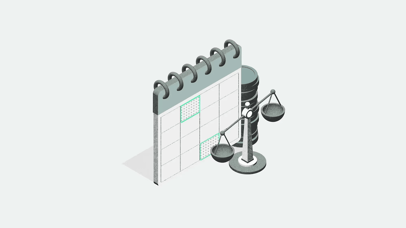 Illustration of a calendar, scales of justice, and a database, symbolizing the balance between scheduling and data management.