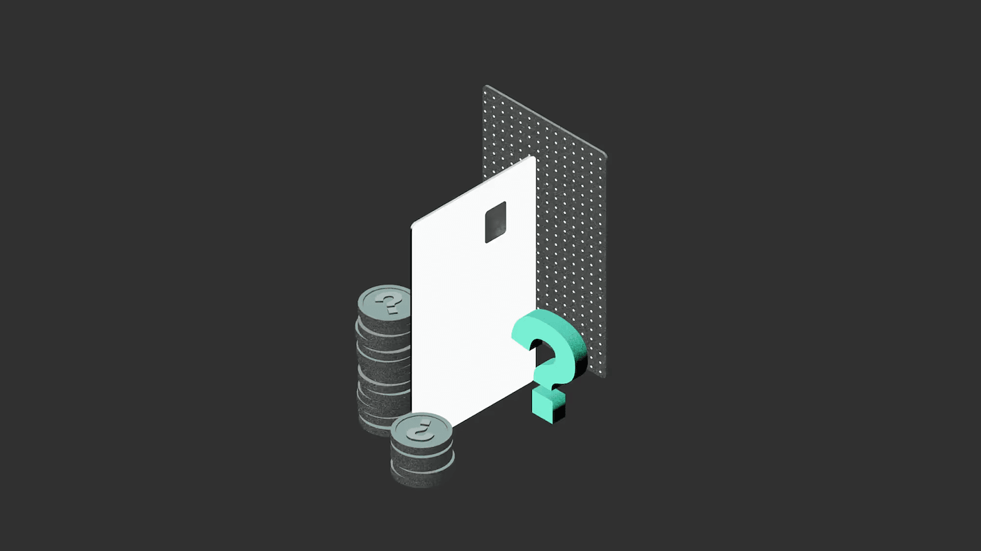 A 3D illustration of a white credit card, stacks of coins, and a green question mark on a dark background.