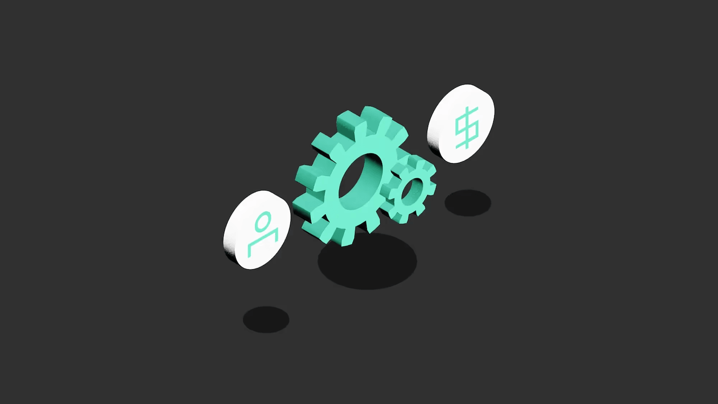 Two teal gears between icons of a person and a dollar sign on a dark background, symbolizing collaboration and financial growth.