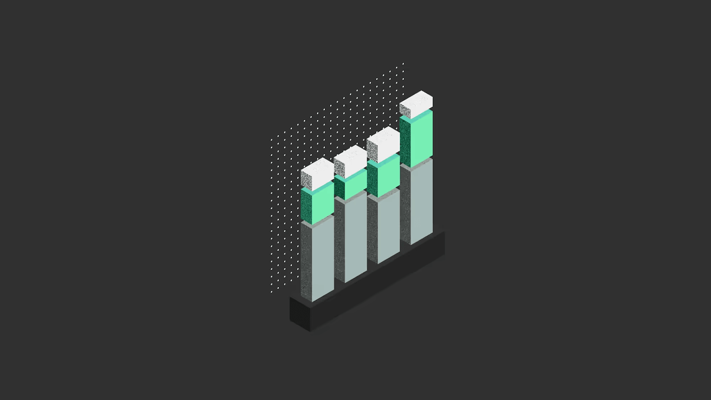 Isometric bar chart with four vertical bars in varying heights, colored in shades of green and gray, on a dark background.