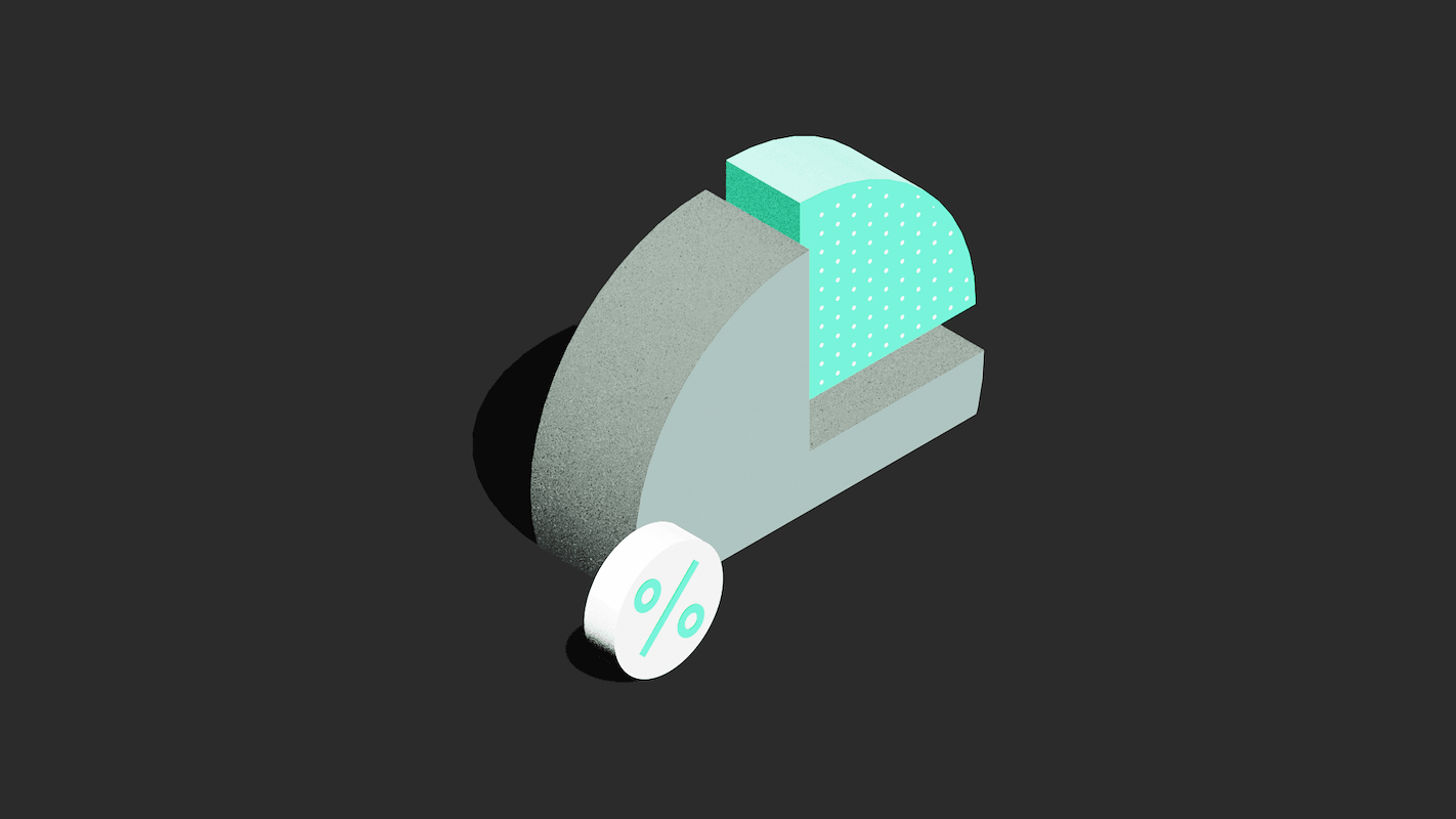 3D pie chart with a teal segment and a percentage symbol on a dark background.