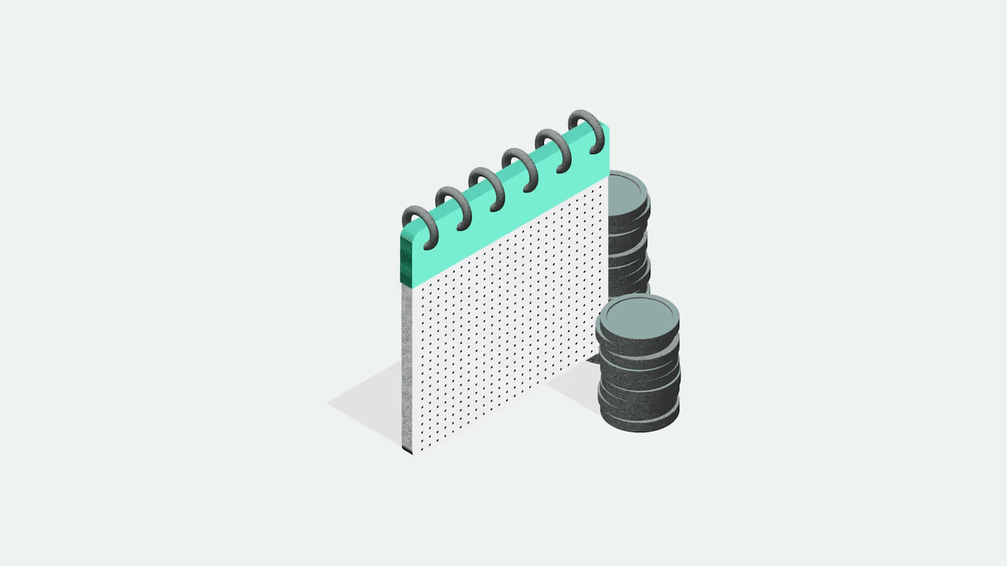 Illustration of a spiral-bound calendar next to stacked coins, symbolizing financial planning or budgeting over time.