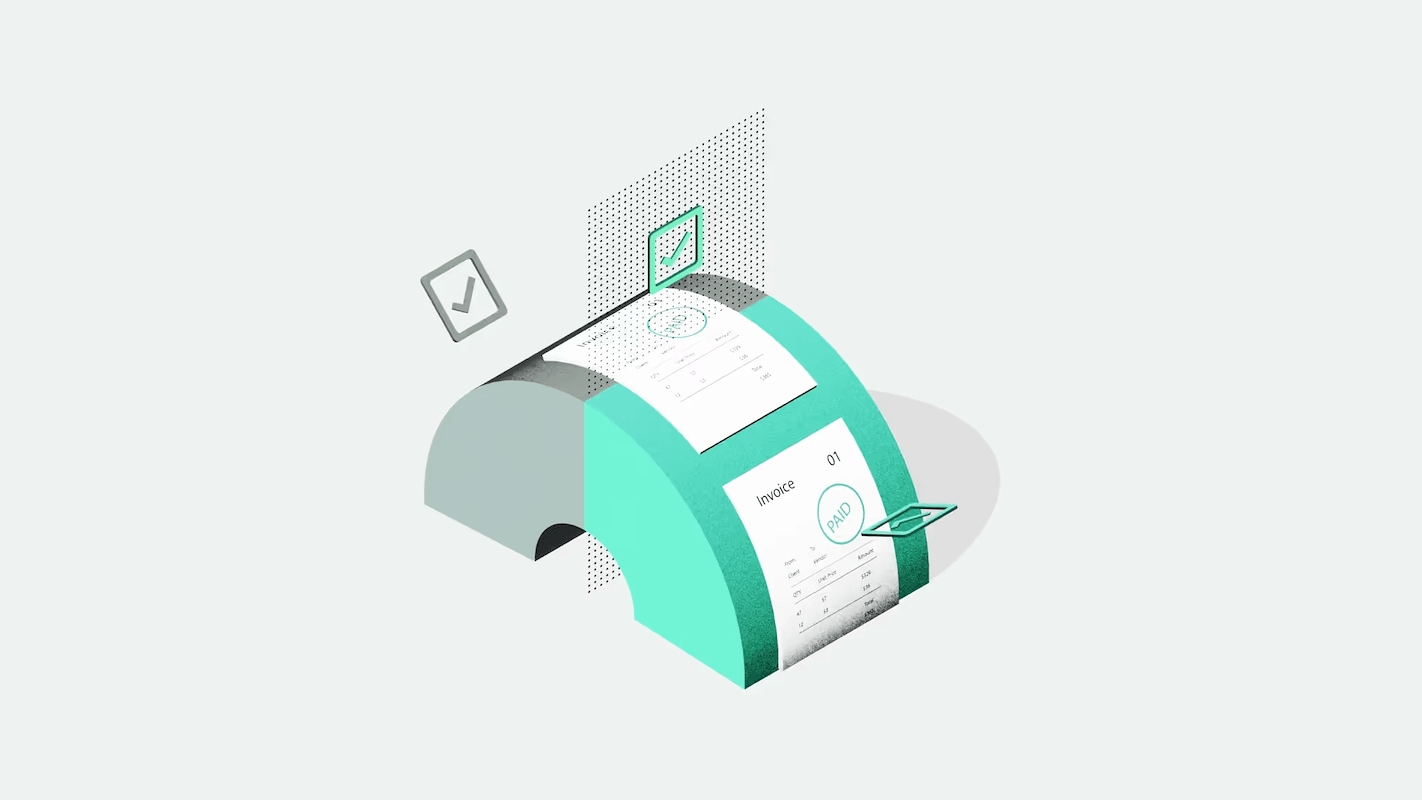 Illustration of a teal receipt printer with digital checkmarks and a printed receipt showing graphs and data.