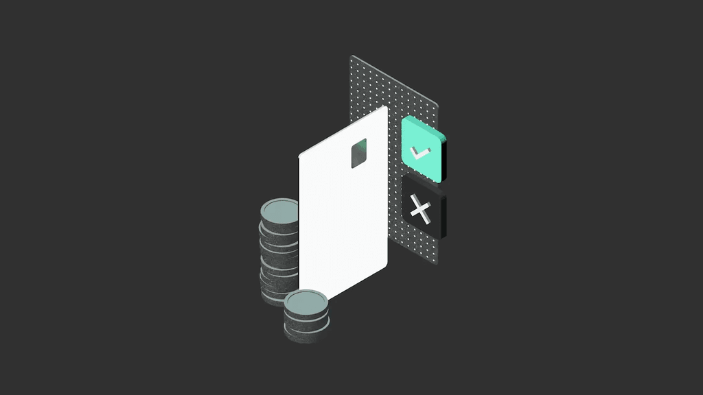 Isometric illustration of a credit card, stacks of coins, and checkmark and cross icons on a dark background.