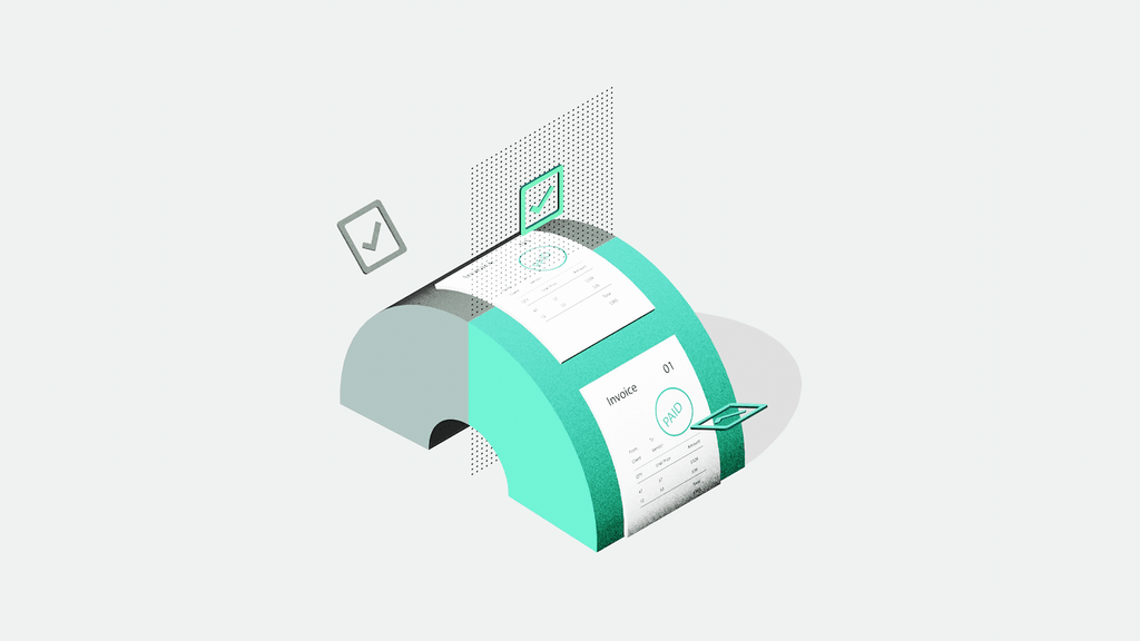 Illustration of a teal and white receipt emerging from a curved slot, with checkmark icons indicating approval or completion.