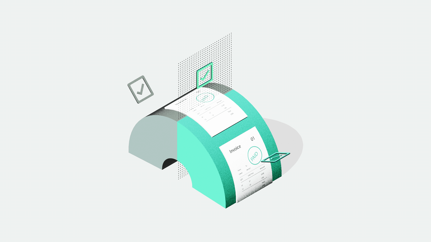 Illustration of a teal and white receipt emerging from a curved slot, with checkmark icons indicating approval or completion.