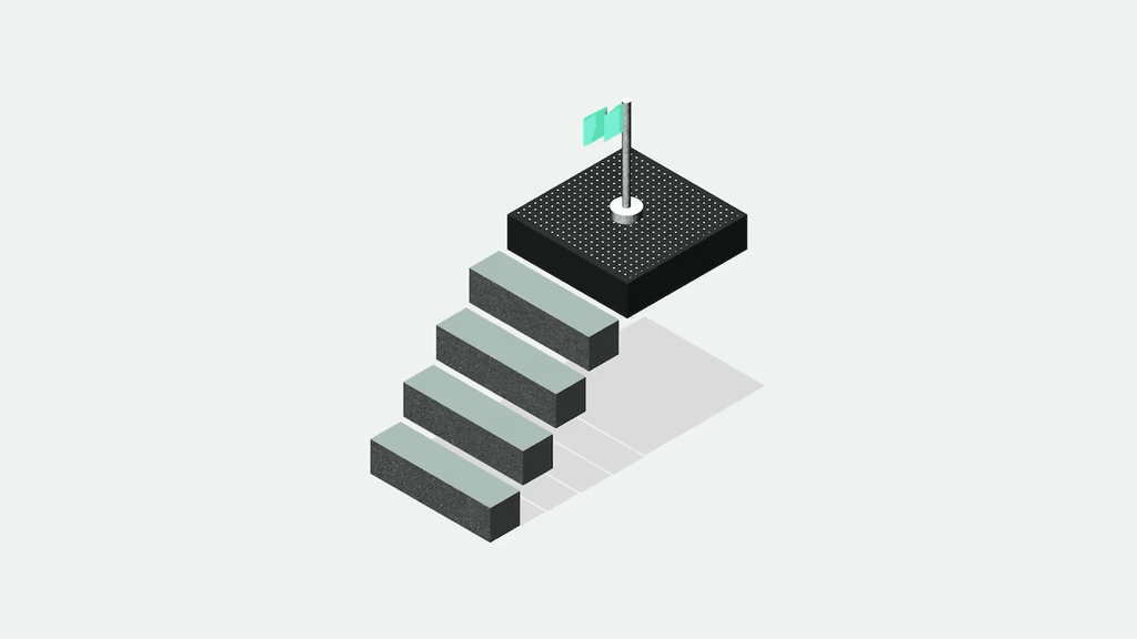 Isometric illustration of four steps leading to a platform with a teal flag, symbolizing achievement or progress.