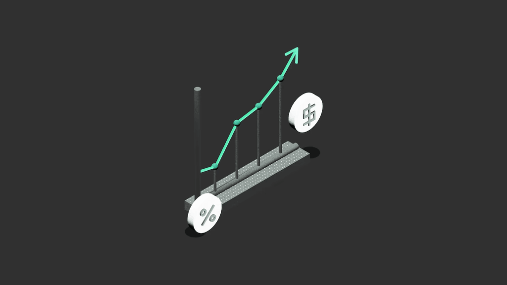 A 3D graph with a green upward arrow, percentage symbol on the left, and dollar symbol on the right, on a dark background.