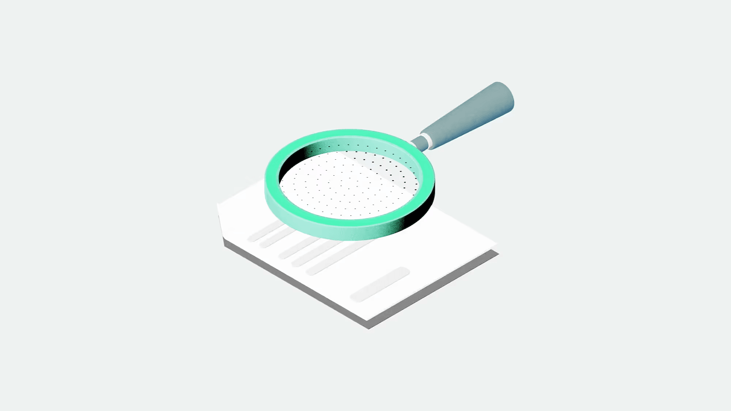 A teal magnifying glass hovers over a sheet of paper with text lines, symbolizing analysis or scrutiny.
