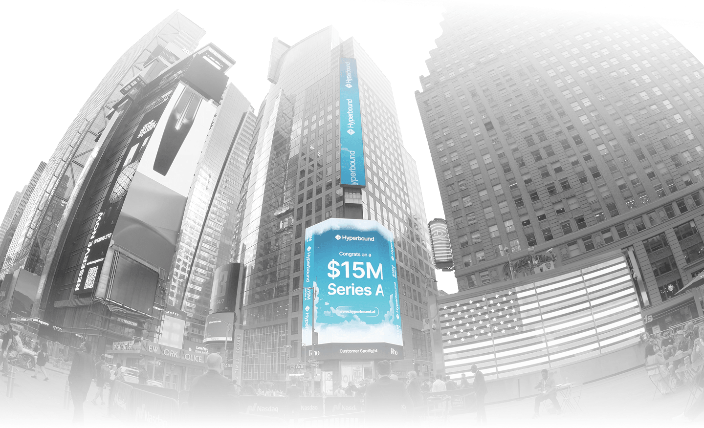 A cityscape with a prominent digital billboard displaying "Congrats on $15M Series A" in a bustling urban area.