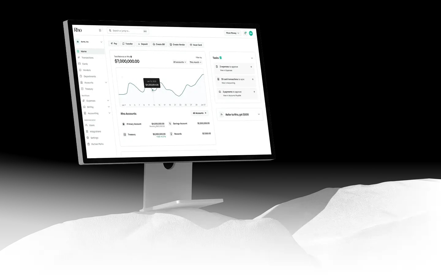 A computer monitor displays a financial dashboard with a line graph, transaction details, and account summary, standing on a textured surface.