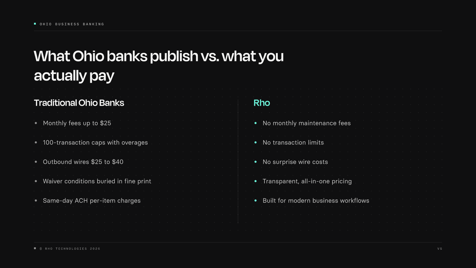 Side-by-side comparison of traditional Ohio bank fees versus Rho's transparent business banking