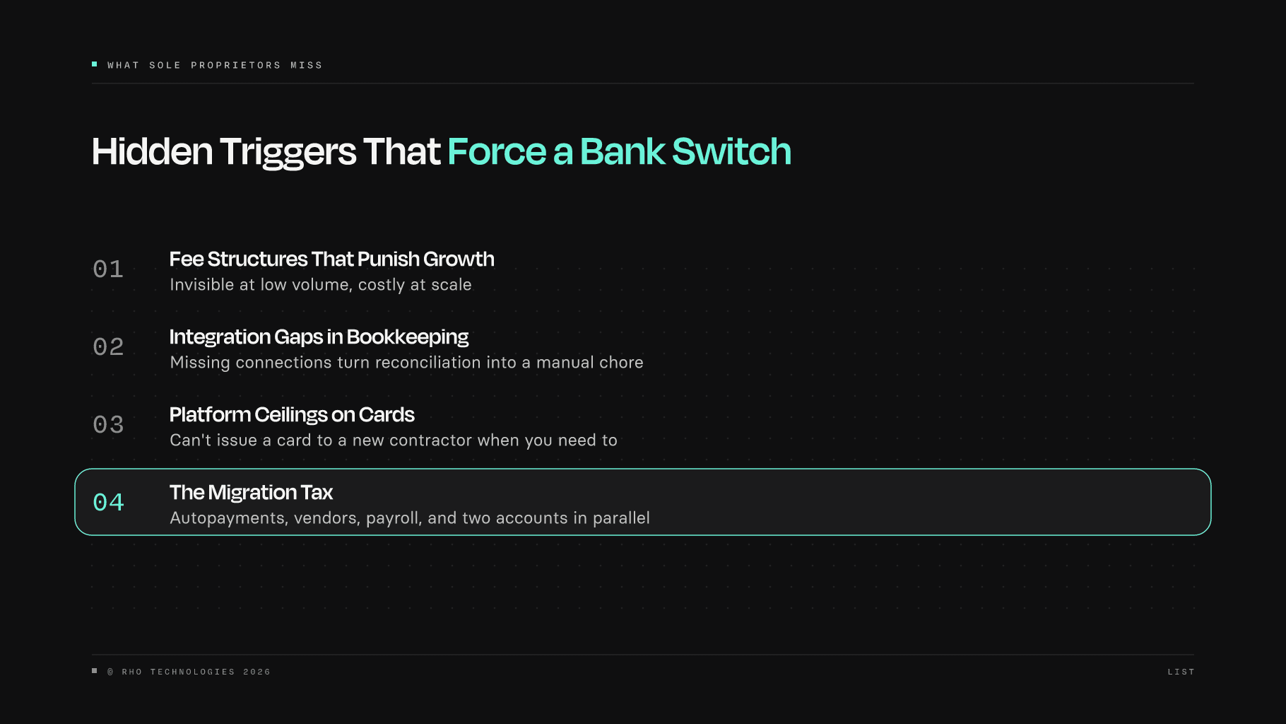 Ranked list of four hidden triggers that force sole proprietors to switch business banks