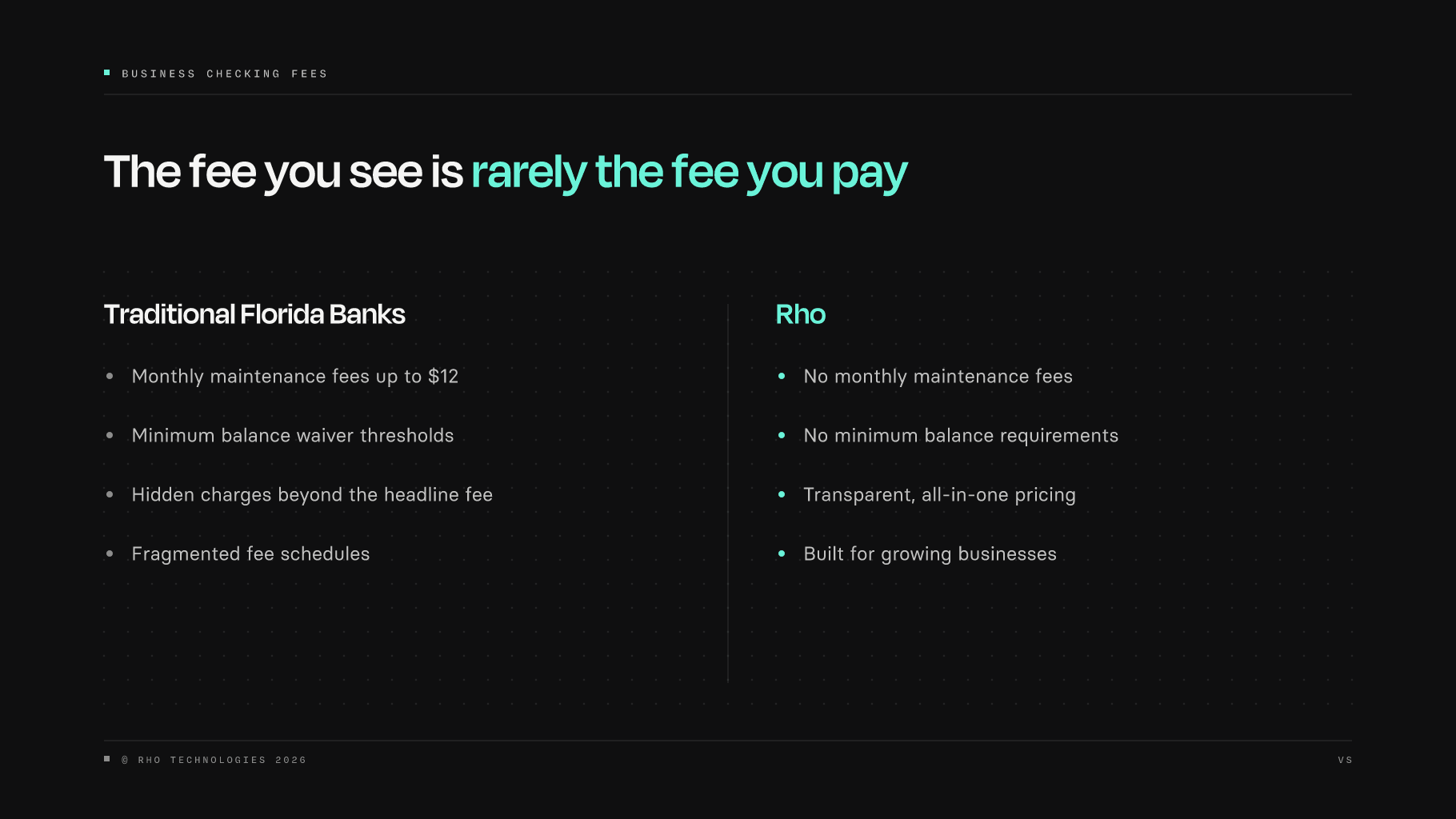 Side-by-side comparison of traditional Florida bank fees versus Rho's transparent business checking