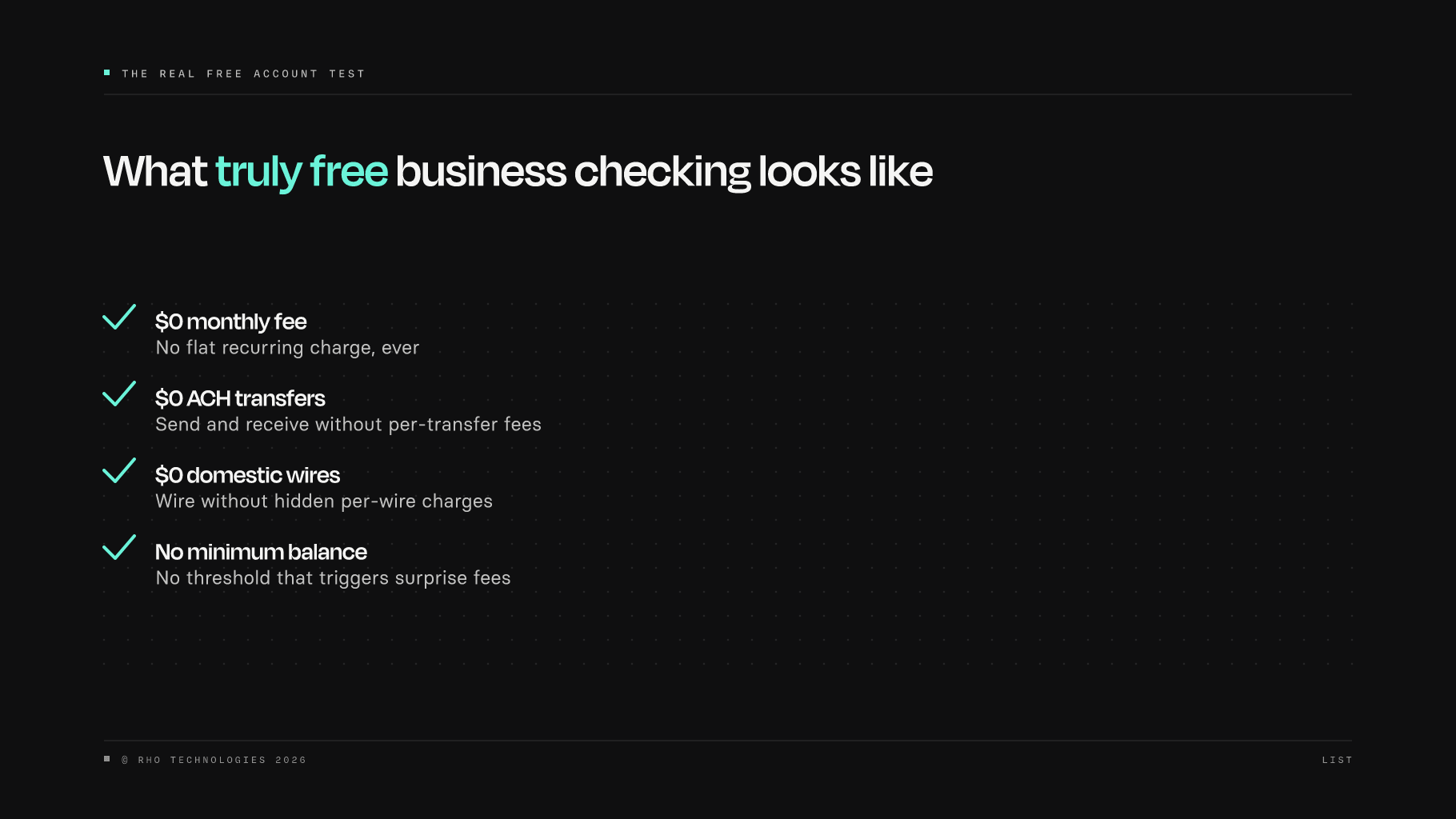Checklist of four criteria defining a truly free business checking account