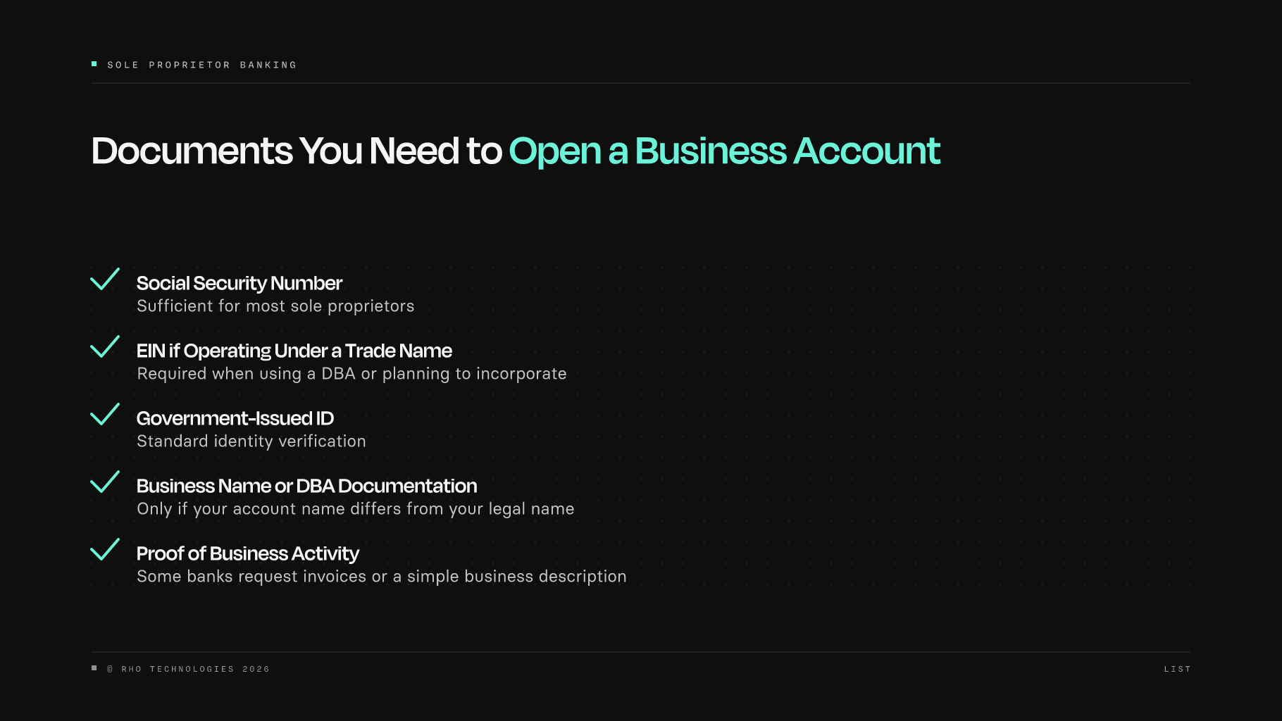 Checklist of documents sole proprietors need to open a business bank account