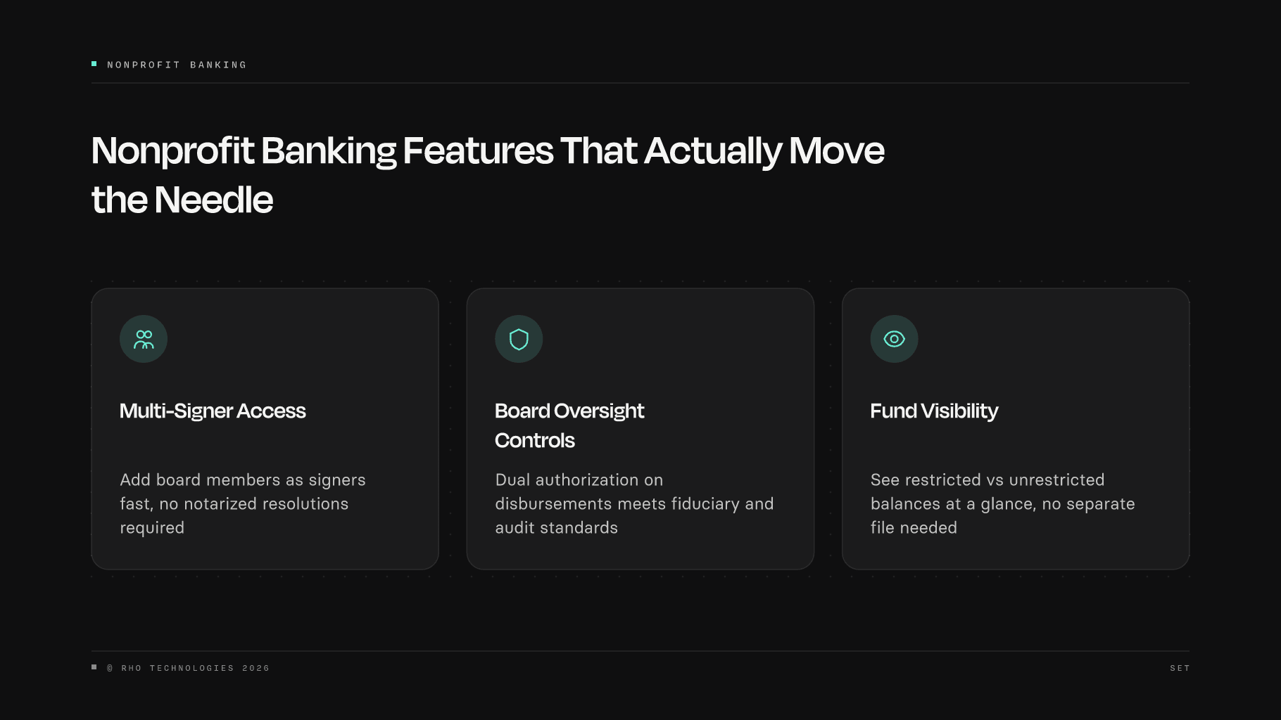 Three nonprofit banking feature cards covering multi-signer access, board oversight controls, and fund visibility