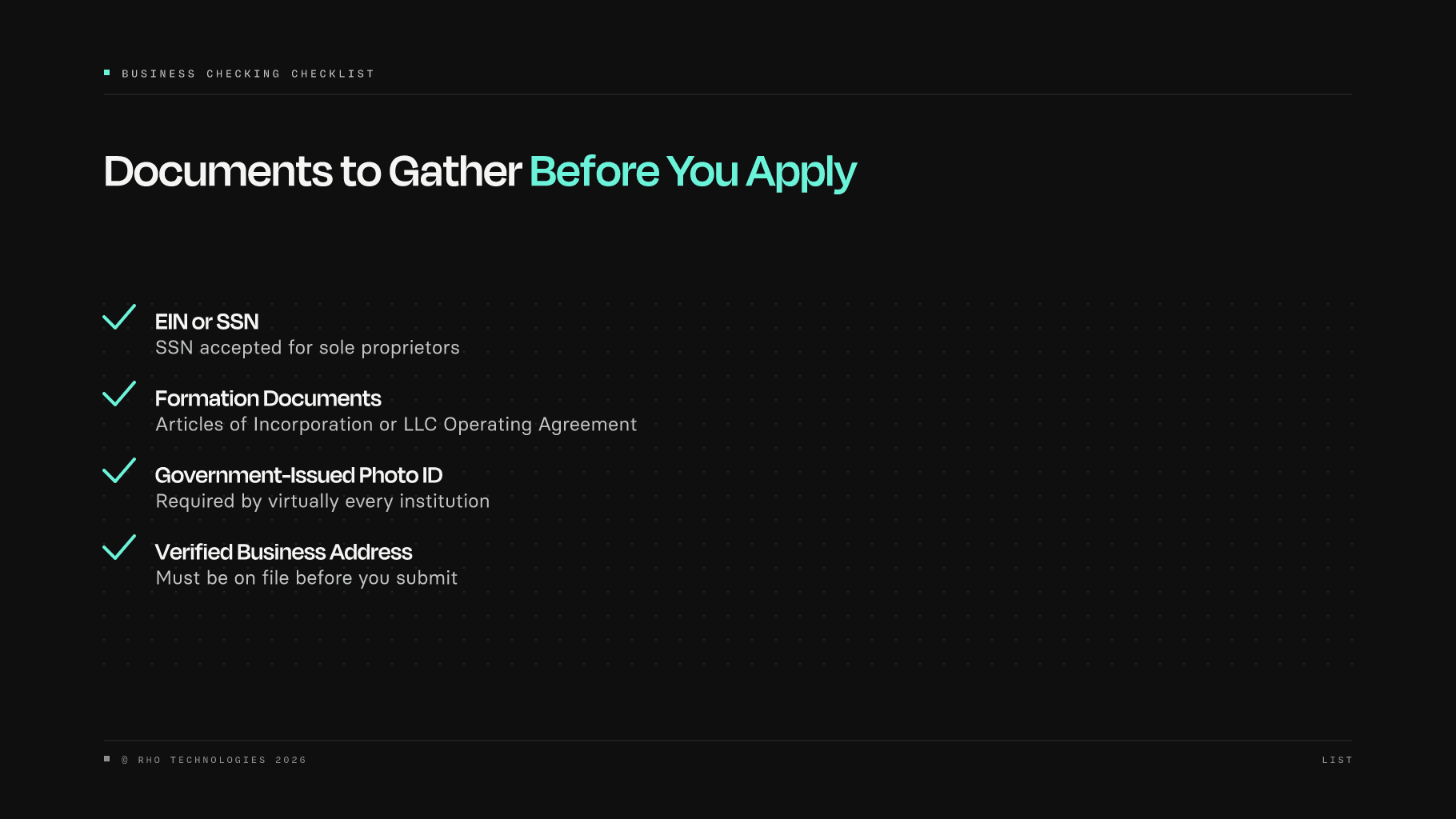 Checklist of four required documents every founder needs before opening a business checking account