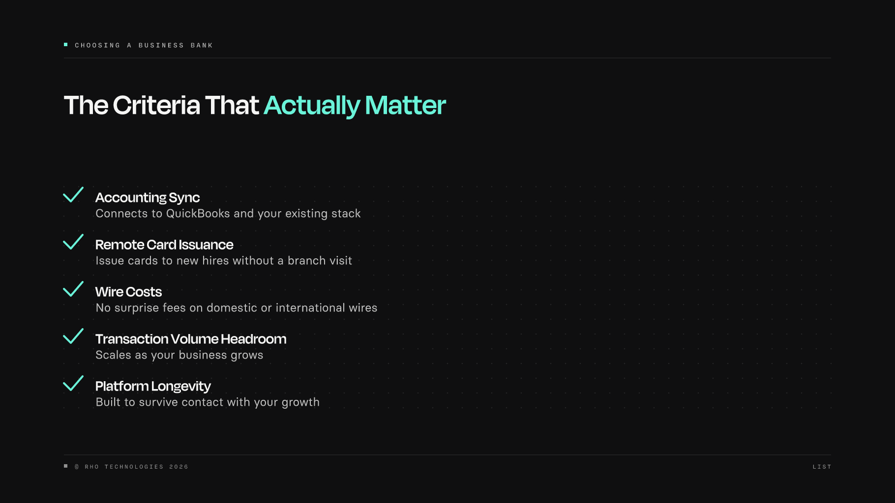 Checklist graphic: the five banking criteria that actually matter for Georgia founders
