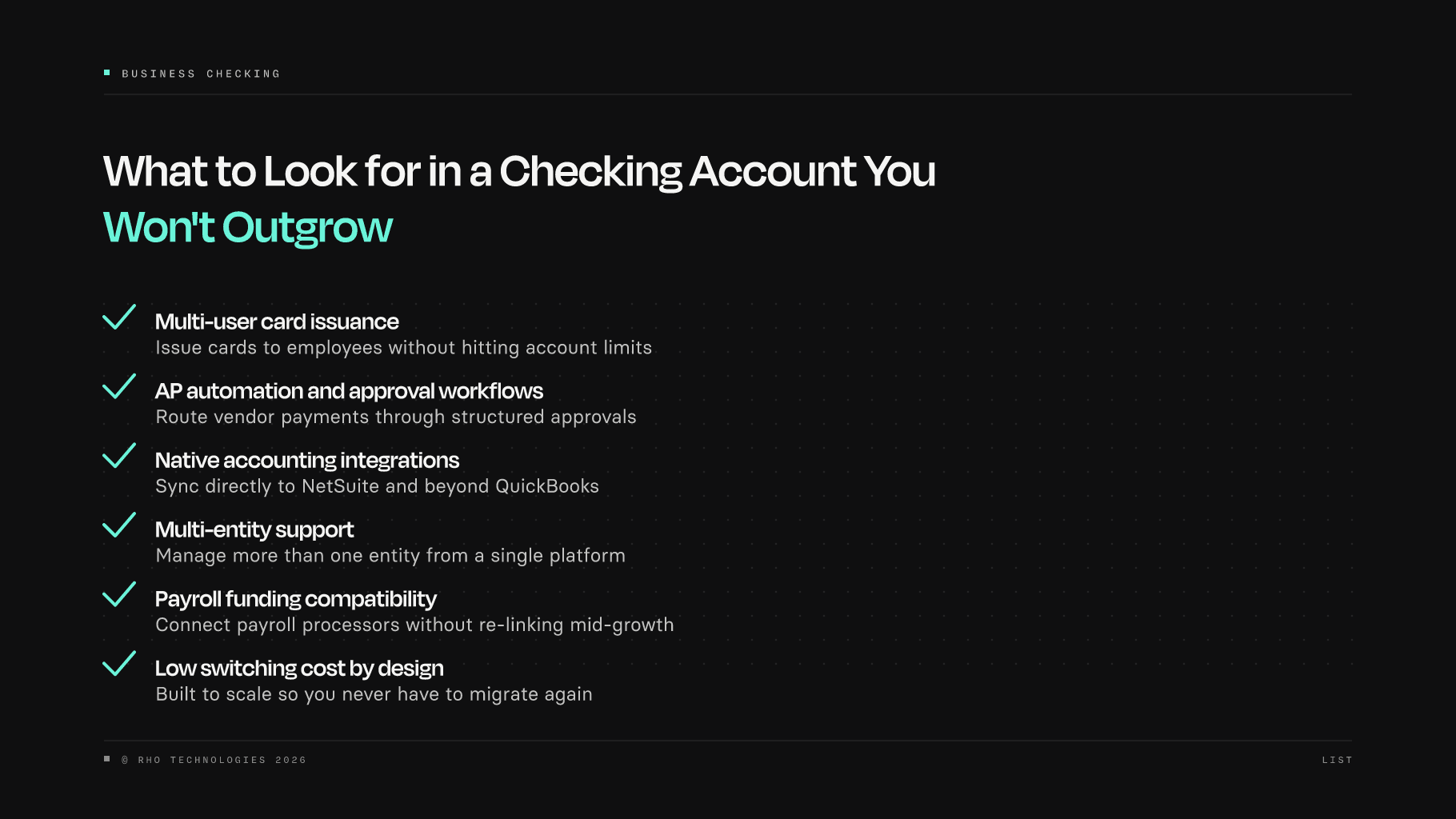 Checklist of criteria for choosing a business checking account that scales with startups