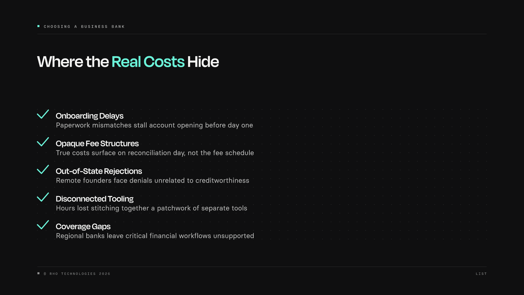 Checklist of hidden business banking costs from onboarding delays to coverage gaps