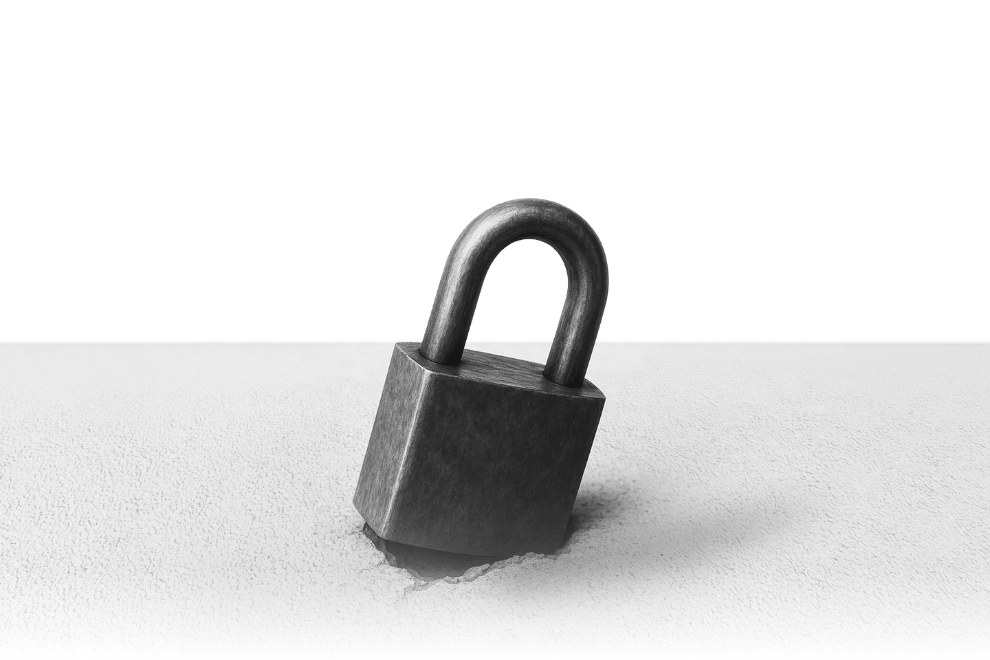 A metal padlock embedded in a white surface, casting a shadow, with a black background.
