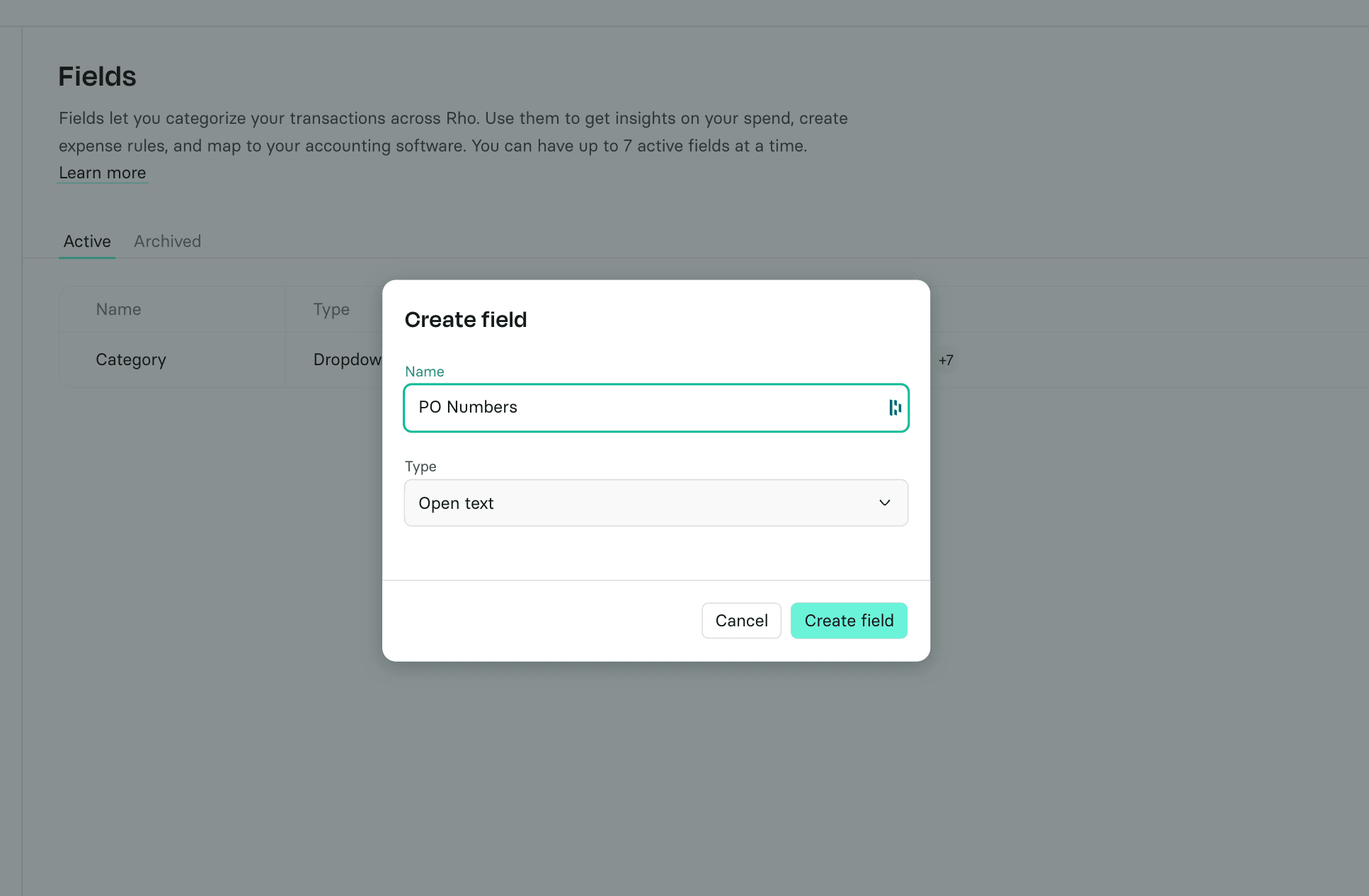 A dialog box titled "Create field" with "PO Numbers" in the Name field and "Open text" selected as the Type. Options to Cancel or Create field.