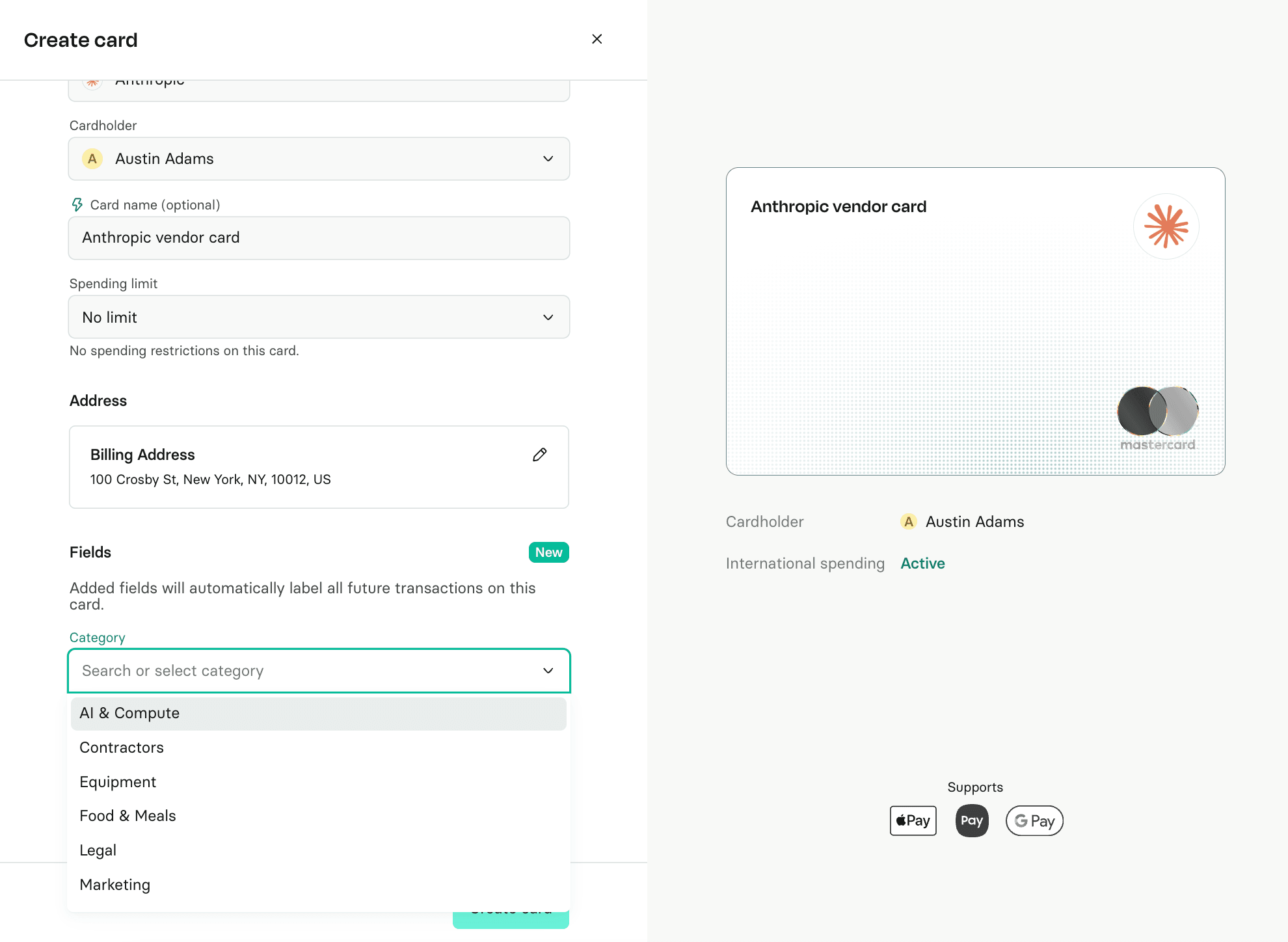 User interface for creating a card, showing cardholder details, billing address, spending limit, and category selection options.