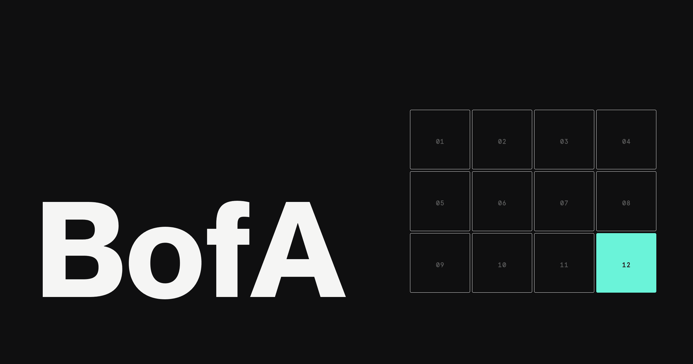 Dark hero for Rho vs Bank of America: the keyword BofA in large white type beside a 12-cell grid, cell 12 filled teal