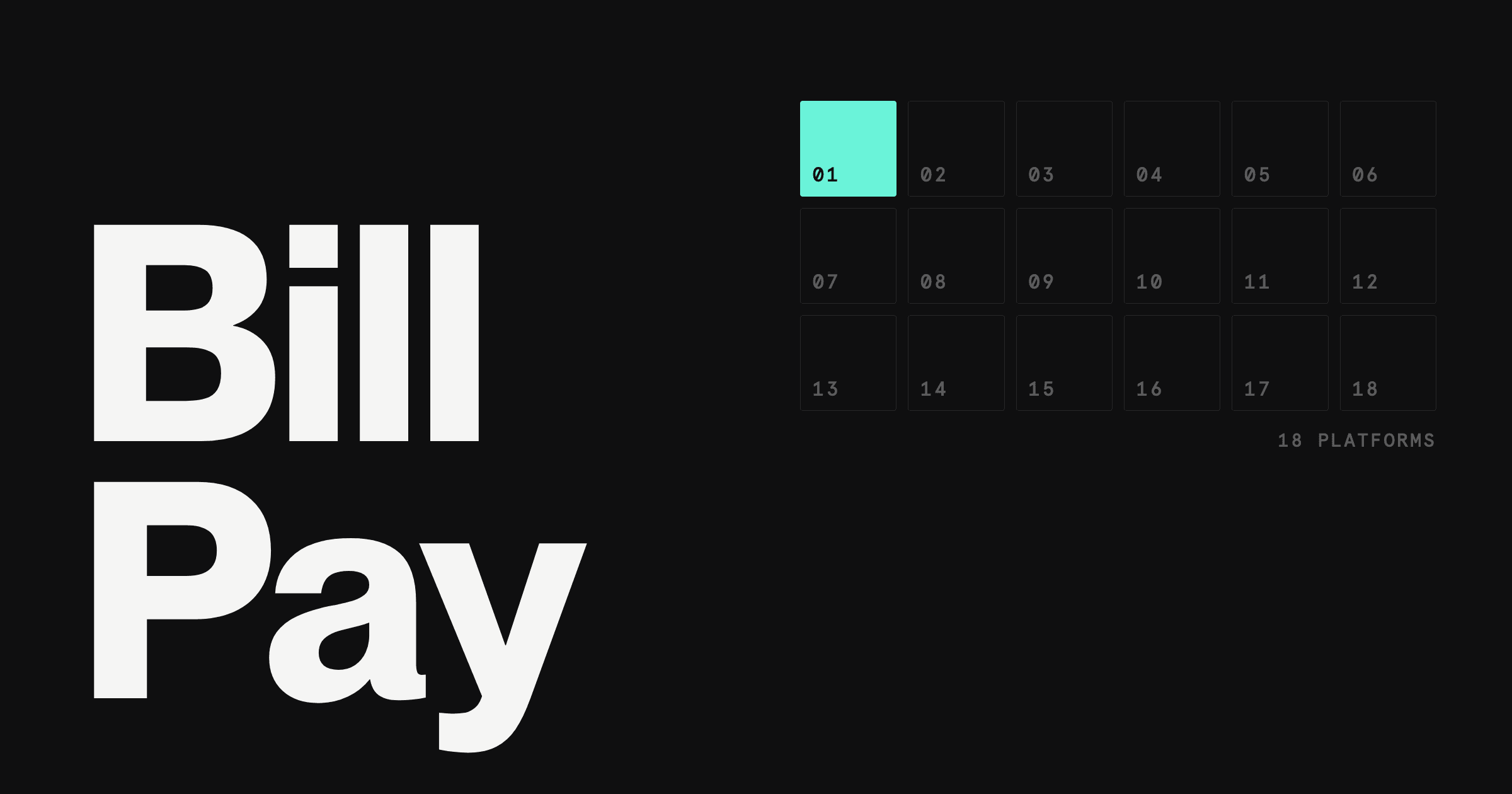 Dark hero image with the words Bill Pay in large white type next to a numbered grid of eighteen cells with cell 01 highlighted in teal