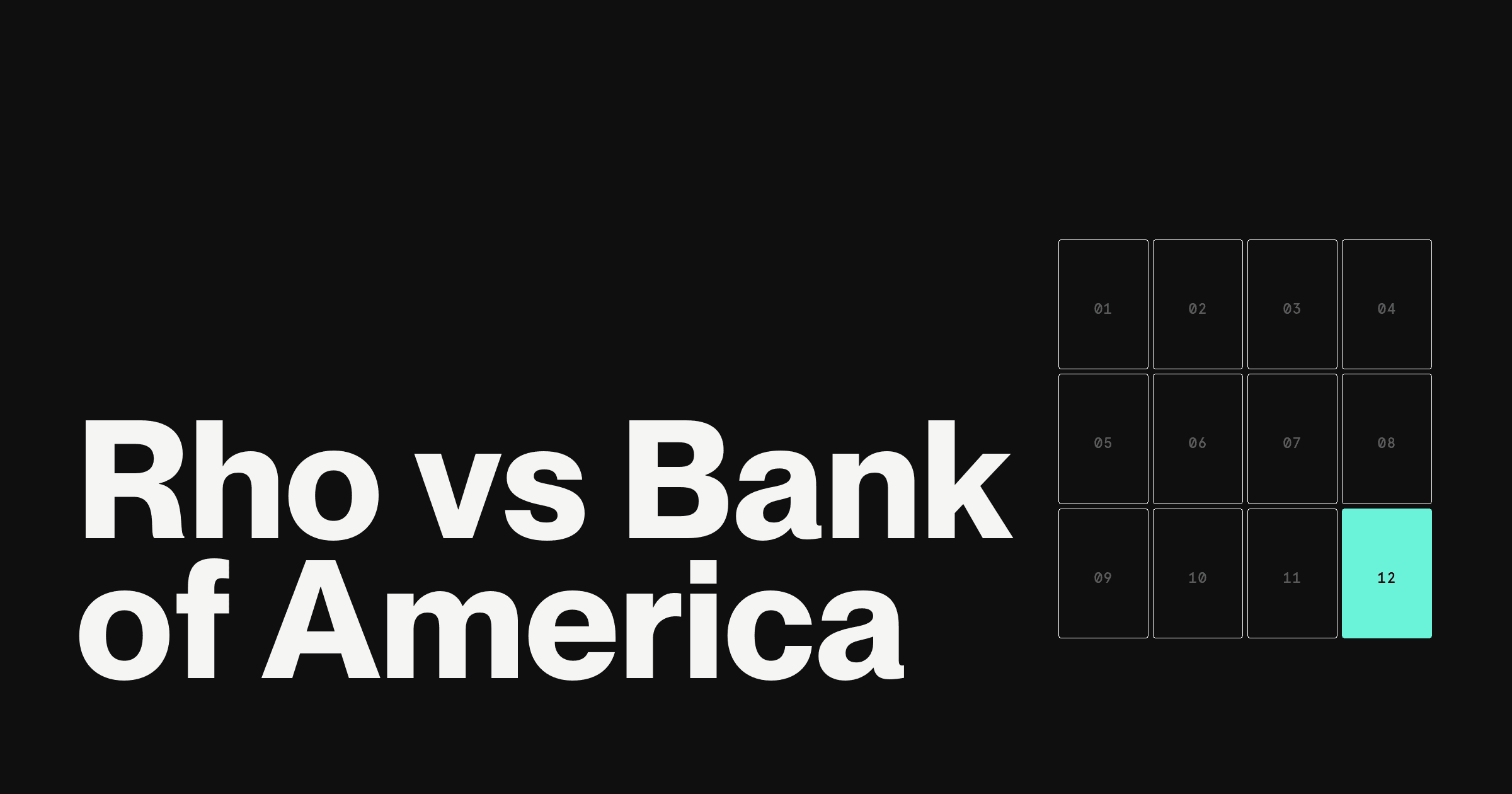 Dark hero for Rho vs Bank of America: the keyword BofA in large white type beside a 12-cell grid, cell 12 filled teal