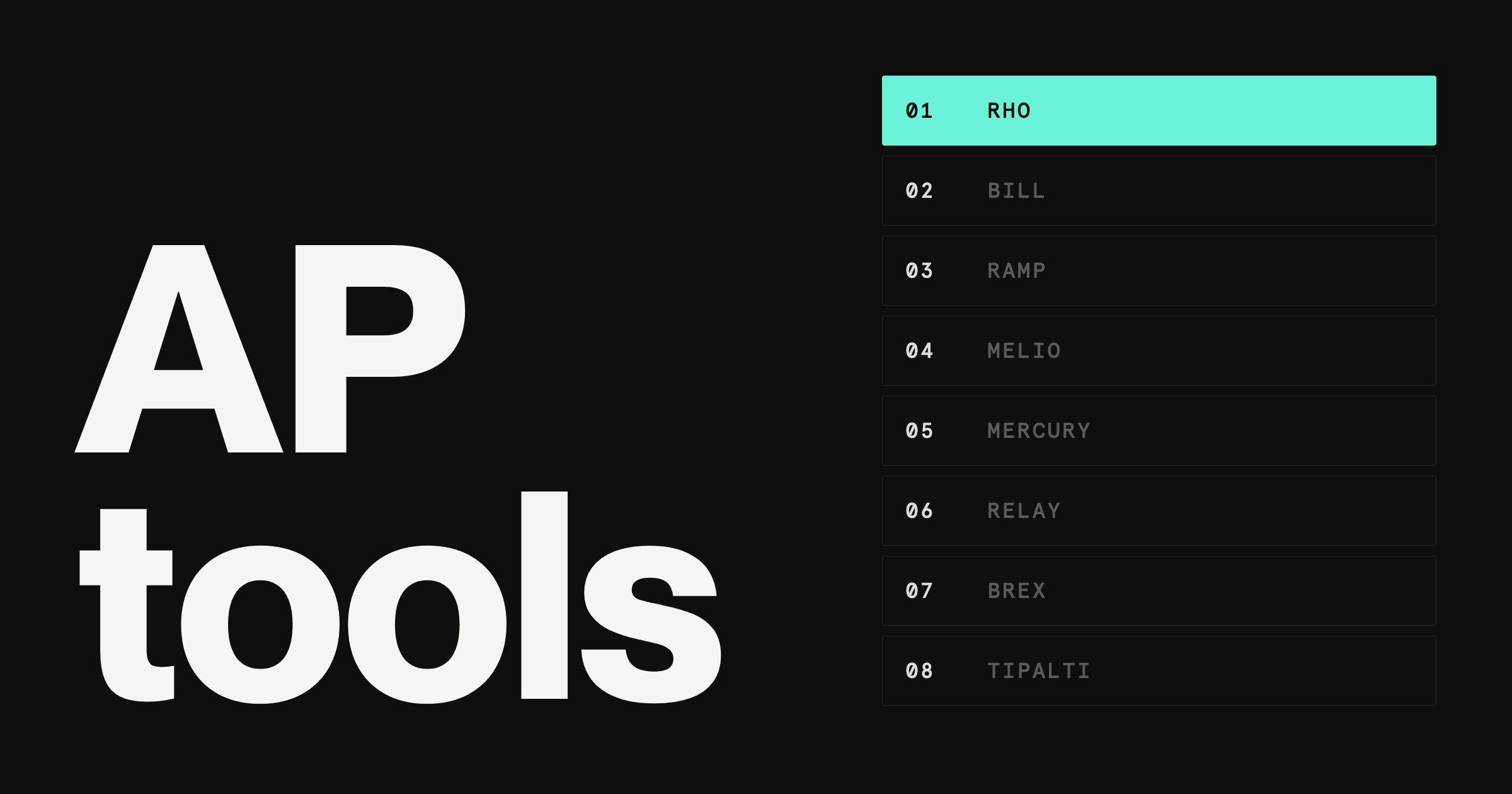 Dark hero image with the words AP tools in large white type next to a ranked list of eight AP platforms with Rho highlighted in teal at number one