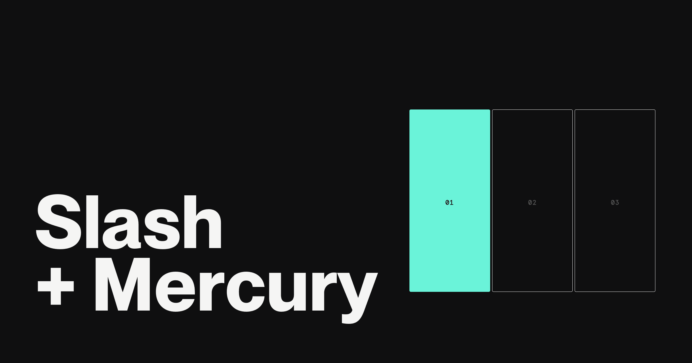 Dark hero for Rho vs Slash vs Mercury: the keyword Slash plus Mercury in large white type beside a three-column grid, column one filled teal