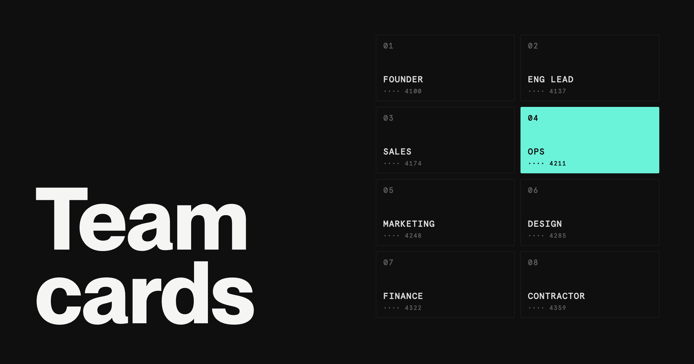 Grid of eight team member cards by role, one highlighted, beside the words Team cards