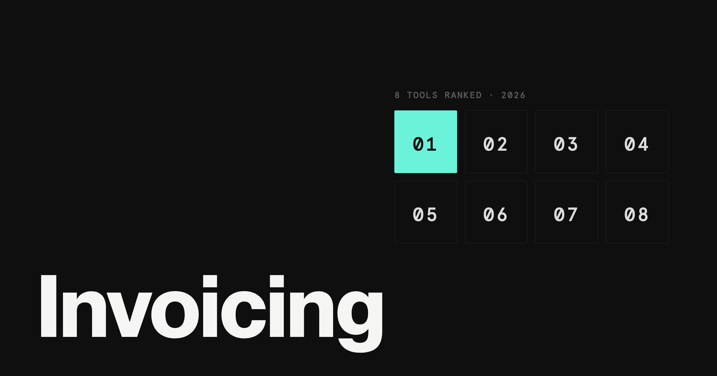 Dark hero image with the word Invoicing in large white type and a numbered grid of eight cells with cell 01 highlighted in teal