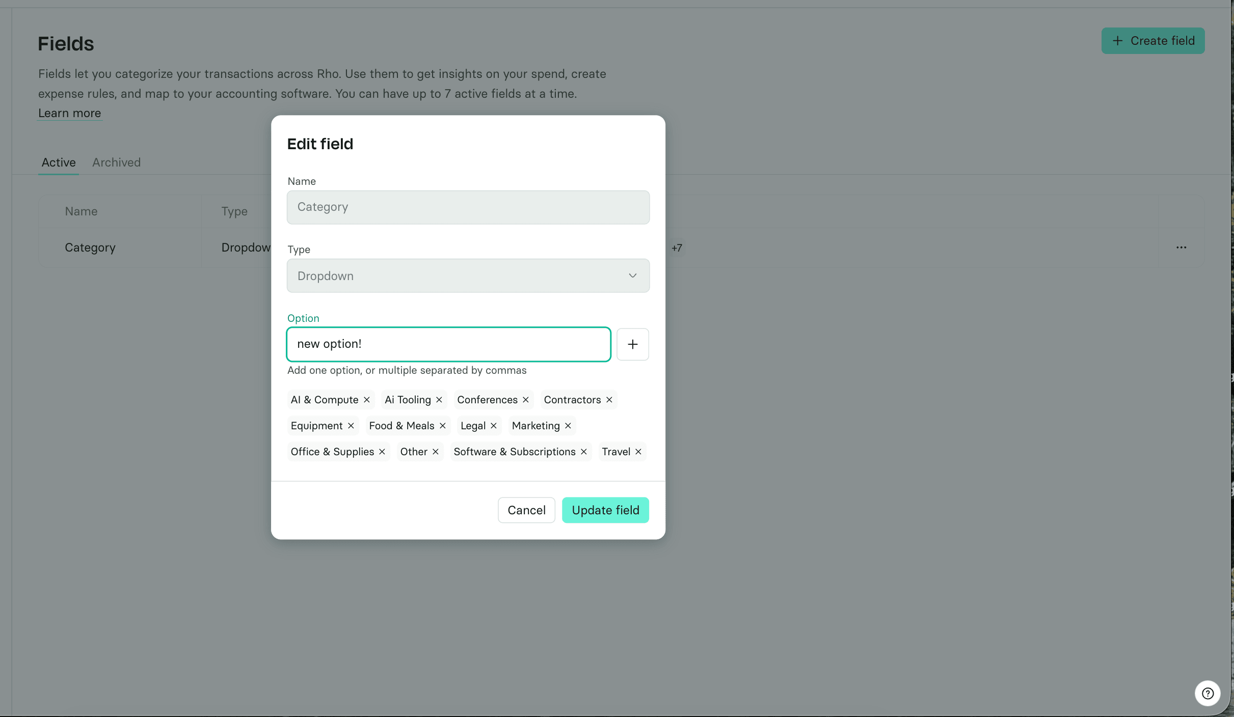 The image shows a software interface for editing a field named "Category" with options like AI Tooling, Conferences, and more.
