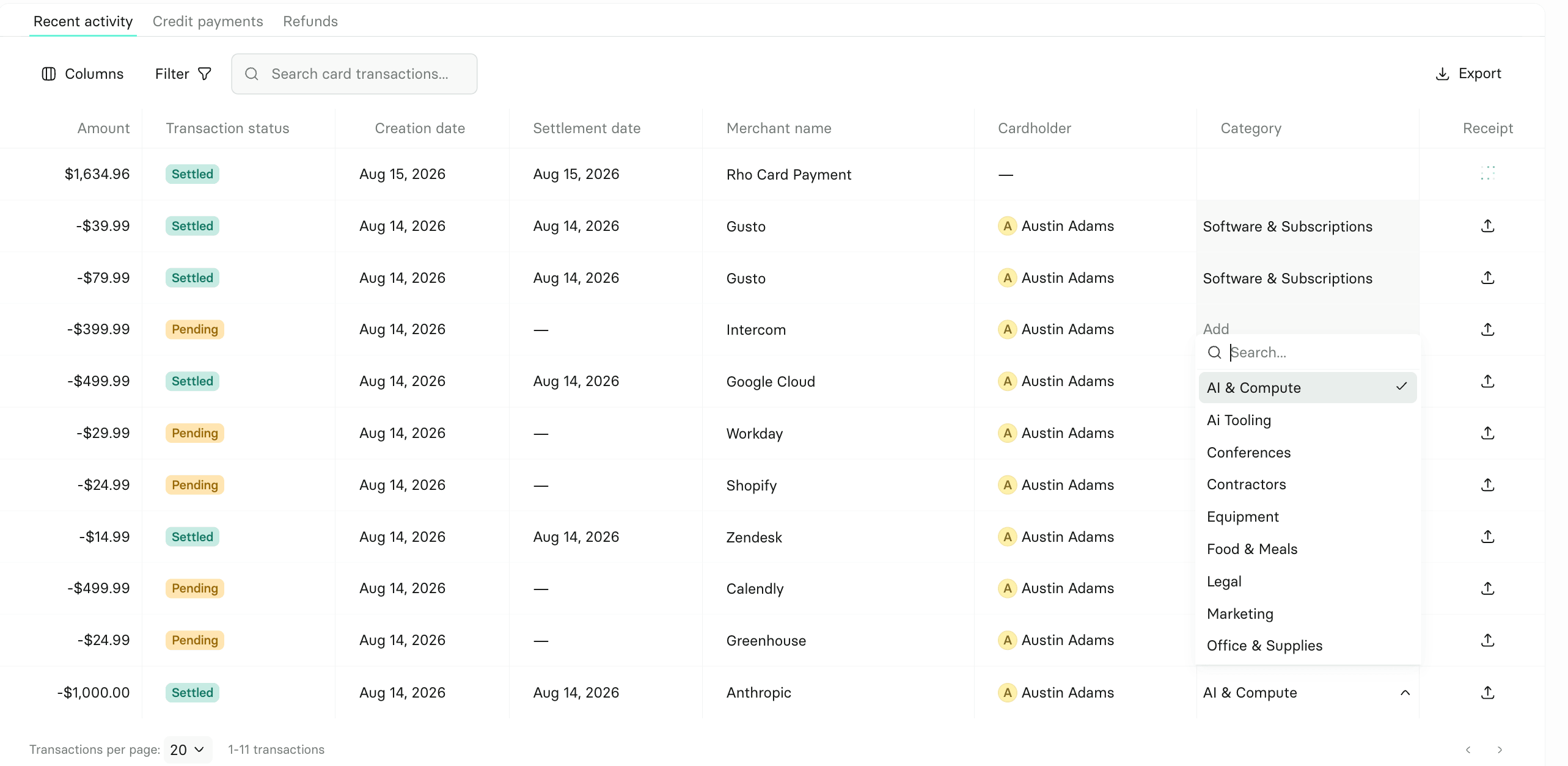A financial dashboard shows recent transactions with merchant names, amounts, and statuses, including settled and pending, categorized by software and cloud services.