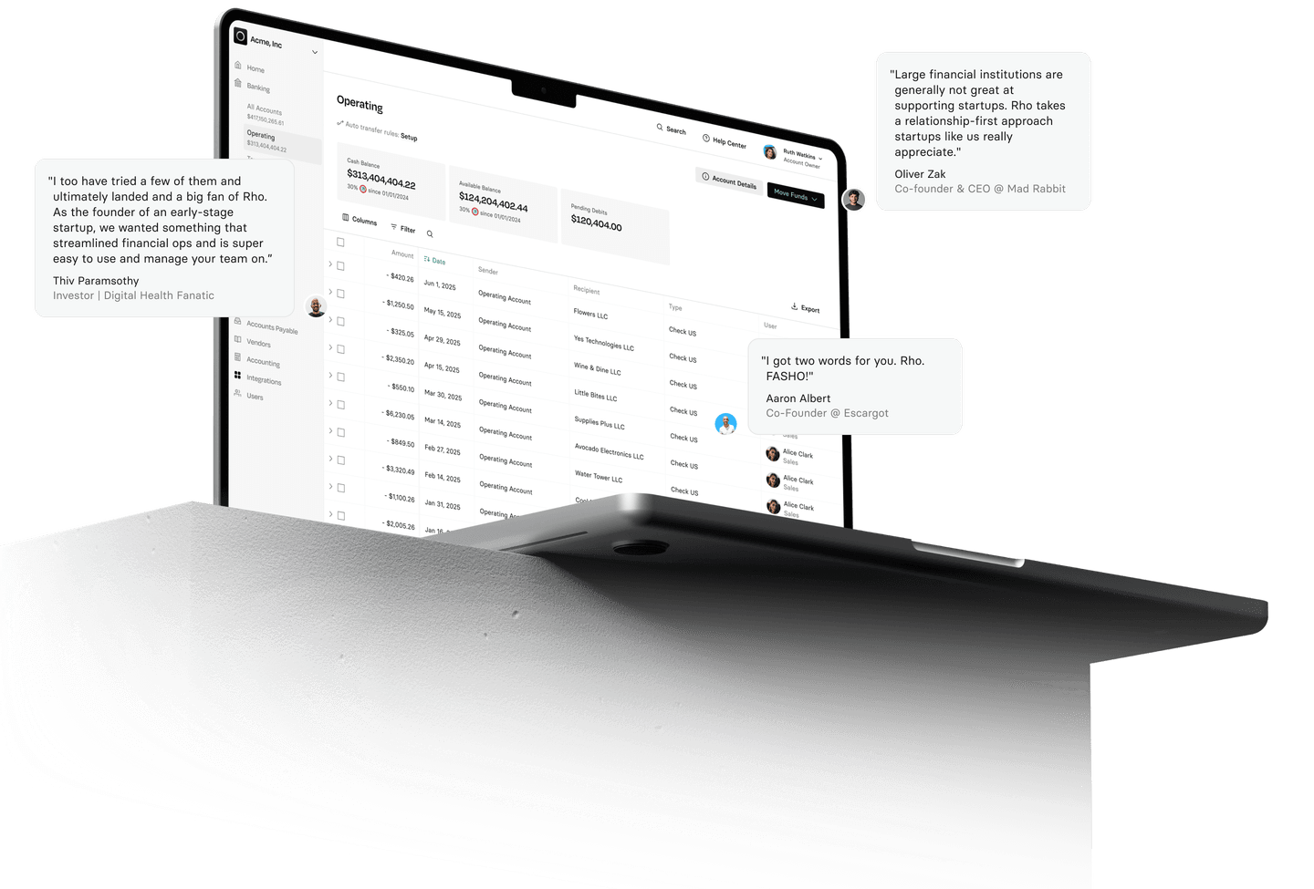A computer screen displaying a financial management dashboard with user testimonials in speech bubbles.