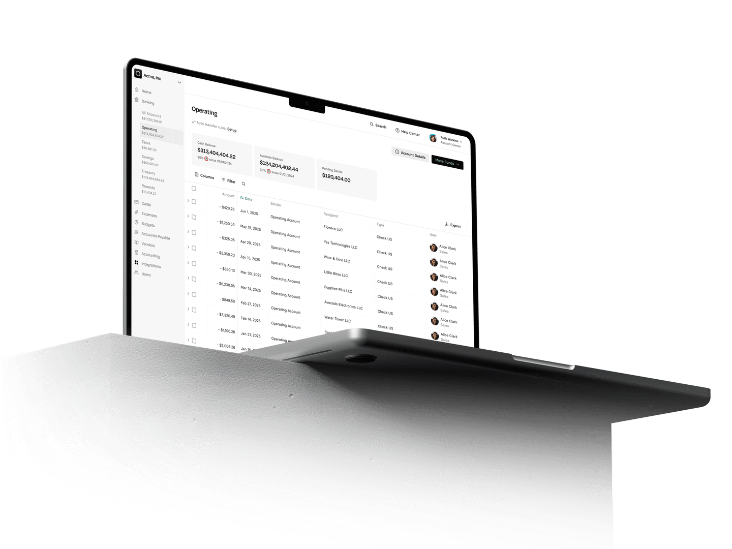 A sleek, open laptop displaying a dashboard with a list of operations, placed on a white surface against a plain background.