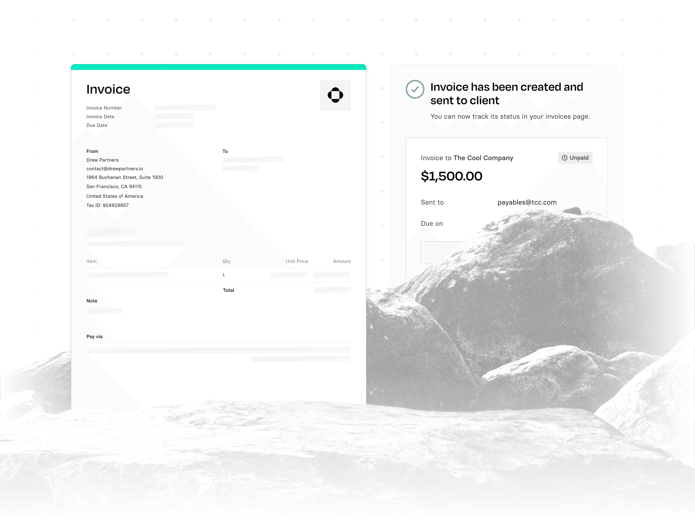 An invoice displays a $1,500 charge to a client alongside a notification confirming its creation and dispatch.