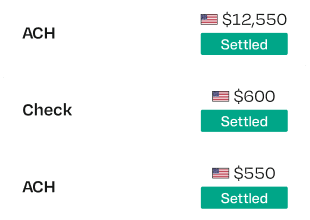 Transaction summary showing ACH and Check payments, each with a U.S. flag, amounts of $12,550, $600, $550, all marked as "Settled."