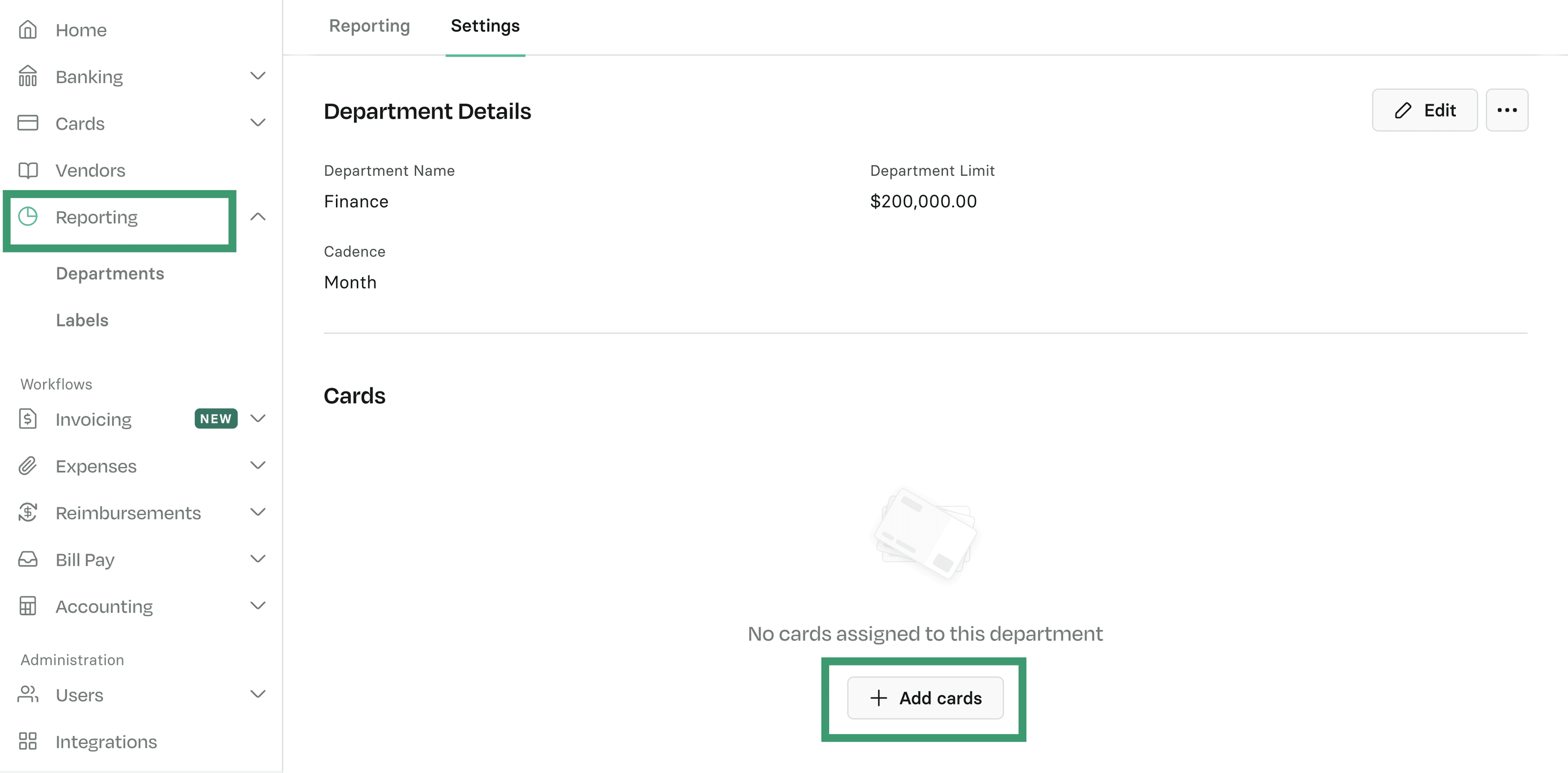 A department's Settings tab in Reporting, showing no cards assigned and the Add cards button highlighted