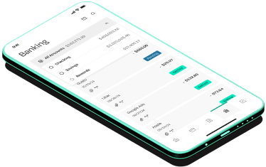A smartphone displaying a banking app interface with account balances, transaction history, and navigation icons.