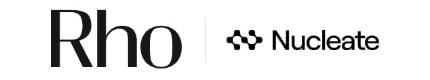 Logos of Rho and Nucleate side by side, with Rho on the left in bold text and Nucleate on the right with a dot pattern symbol.