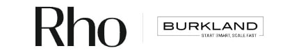 Logos of "Rho" and "Burkland" side by side. "Burkland" includes the tagline "Start Smart, Scale Fast" beneath its name.