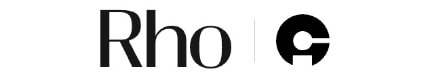 The image features the black text "Rho" next to a stylized black circle with a white crescent, separated by a vertical line, on a white background.