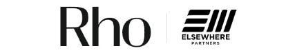 Logos of "Rho" and "Elsewhere Partners"; Rho in black text, alongside Elsewhere's stylized logo and text below.