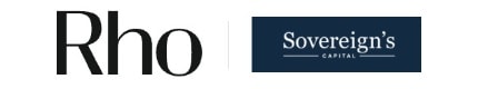 Logos of "Rho" in black text and "Sovereign's Capital" in white text on a dark blue background, displayed side by side.