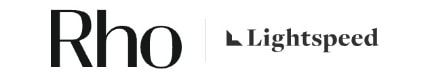 "Rho logo on the left and Lightspeed logo on the right, displayed in black text with a minimalist design."