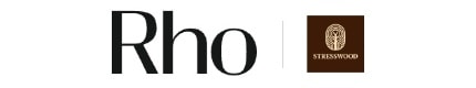 Black text "Rho" next to a brown square containing a stylized emblem and "STRESSWOOD" in white.